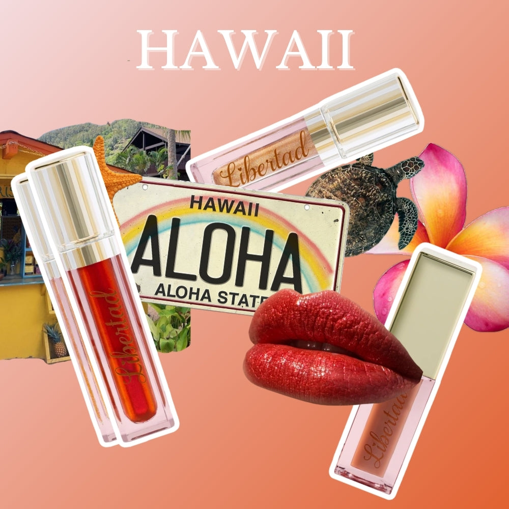 Hawaii Themed background with lips, and three products capturing the hawaiian styled theme