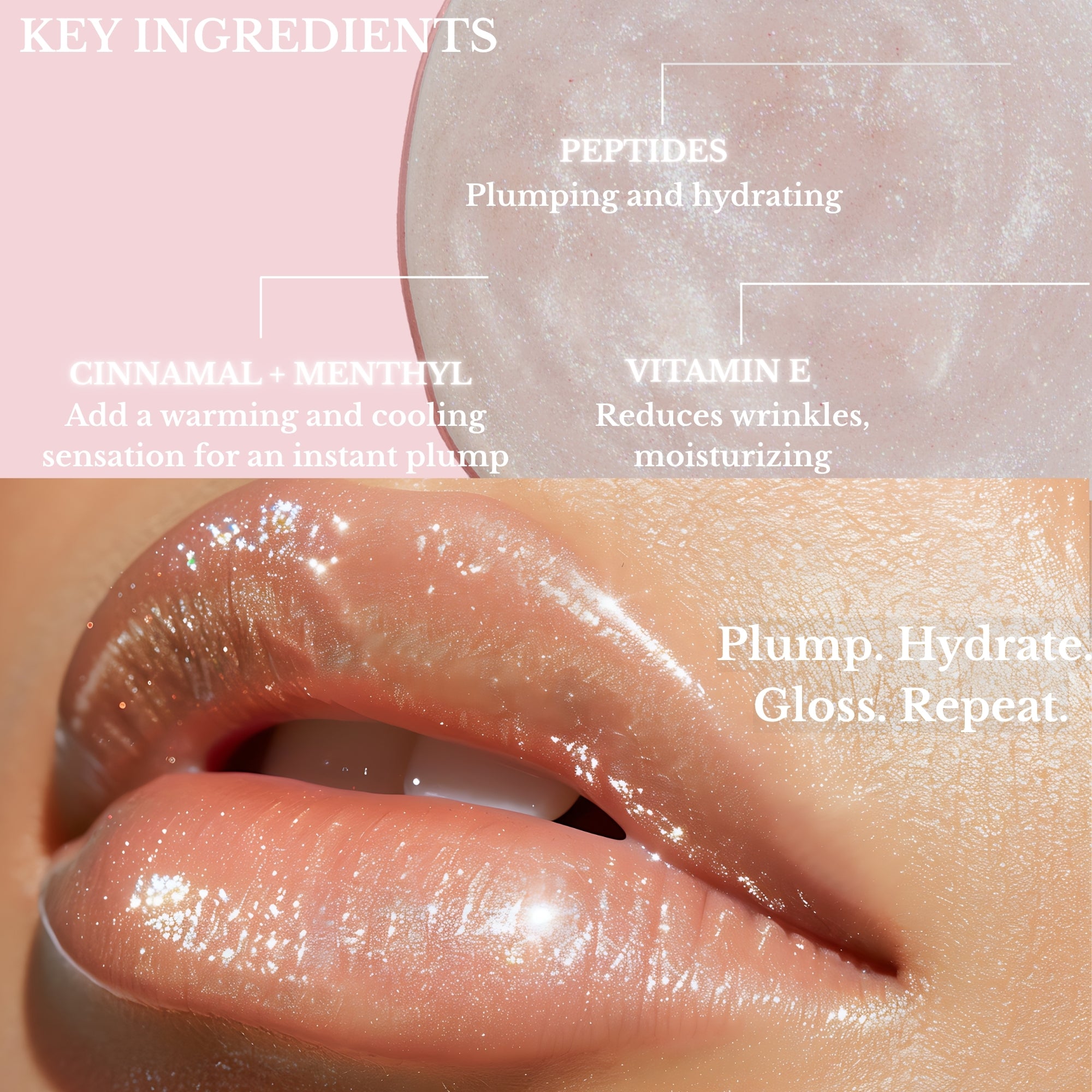 Lip gloss with text detailing key ingredients and their effects on lips.